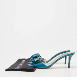 Pre Owned Valentino Blue Leather Rose Embellished Slide Sandals Size 39.5