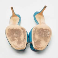 Pre Owned Valentino Blue Leather Rose Embellished Slide Sandals Size 39.5