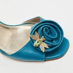 Pre Owned Valentino Blue Leather Rose Embellished Slide Sandals Size 39.5