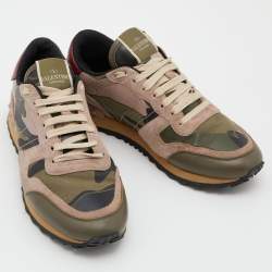 Pre Owned Valentino Multicolor Camouflage Suede,Canvas and Leather Rockrunner Low Top Sneakers Size 38