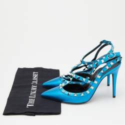 Pre Owned Valentino Metallic Blue Leather Rockstud Pumps Size 38.5