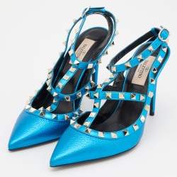 Pre Owned Valentino Metallic Blue Leather Rockstud Pumps Size 38.5