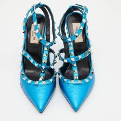 Pre Owned Valentino Metallic Blue Leather Rockstud Pumps Size 38.5