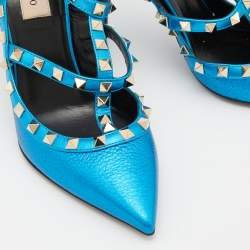 Pre Owned Valentino Metallic Blue Leather Rockstud Pumps Size 38.5