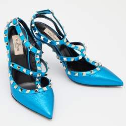Pre Owned Valentino Metallic Blue Leather Rockstud Pumps Size 38.5