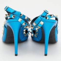 Pre Owned Valentino Metallic Blue Leather Rockstud Pumps Size 38.5
