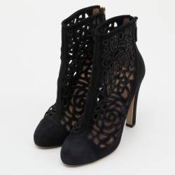 Pre Owned Valentino Black Laser Cut Suede Ankle Length Boots Size 38