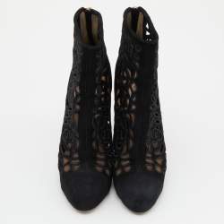 Pre Owned Valentino Black Laser Cut Suede Ankle Length Boots Size 38
