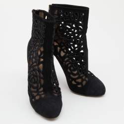 Pre Owned Valentino Black Laser Cut Suede Ankle Length Boots Size 38