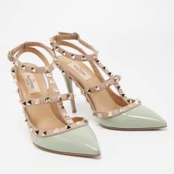 Pre Owned Valentino Green Patent Leather Rockstud Strappy Pumps Size 39
