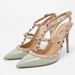 Pre Owned Valentino Green Patent Leather Rockstud Strappy Pumps Size 39