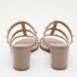 Pre Owned Valentino Pink Leather Rockstud Strappy Block Heel Sandals Size 37.5