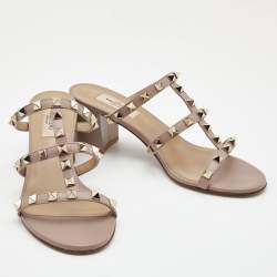Pre Owned Valentino Pink Leather Rockstud Strappy Block Heel Sandals Size 37.5