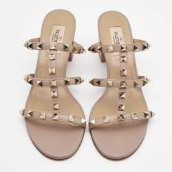 Pre Owned Valentino Pink Leather Rockstud Strappy Block Heel Sandals Size 37.5