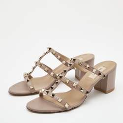 Pre Owned Valentino Pink Leather Rockstud Strappy Block Heel Sandals Size 37.5