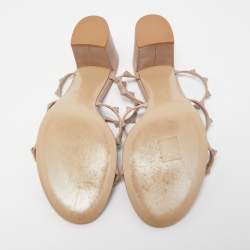 Pre Owned Valentino Beige Leather Rockstud Block Heel Slide Sandals Size 41