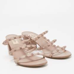 Pre Owned Valentino Beige Leather Rockstud Block Heel Slide Sandals Size 41