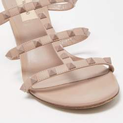 Pre Owned Valentino Beige Leather Rockstud Block Heel Slide Sandals Size 41