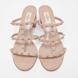 Pre Owned Valentino Beige Leather Rockstud Block Heel Slide Sandals Size 41