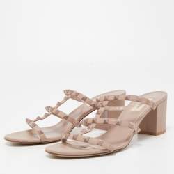 Pre Owned Valentino Beige Leather Rockstud Block Heel Slide Sandals Size 41
