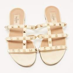 Pre Owned Valentino Off White Patent Leather Rockstud Flat Slides Size 36