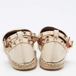 مملوكة مسبقًا Valentino Cream Leather Rockstud Espadrille Ankle Strap Flats Size 38