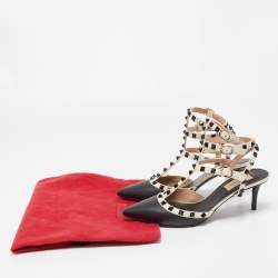 Pre Owned Valentino Black/White Leather Rockstud Pumps Size 38.5