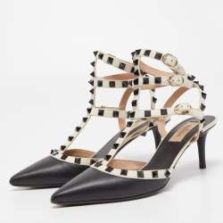 Pre Owned Valentino Black/White Leather Rockstud Pumps Size 38.5