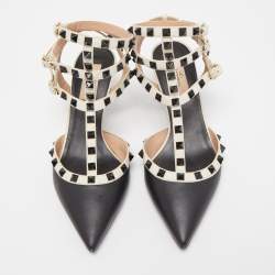 Pre Owned Valentino Black/White Leather Rockstud Pumps Size 38.5