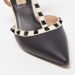 Pre Owned Valentino Black/White Leather Rockstud Pumps Size 38.5