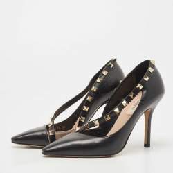 Pre Owned Valentino Black/Beige Leather Studded Pointed Toe Pumps Size 35