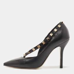 Pre Owned Valentino Black/Beige Leather Studded Pointed Toe Pumps Size 35