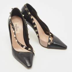 Pre Owned Valentino Black/Beige Leather Studded Pointed Toe Pumps Size 35