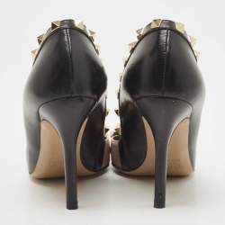 Pre Owned Valentino Black/Beige Leather Studded Pointed Toe Pumps Size 35