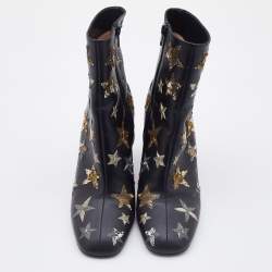 Pre Owned Valentino Black Leather Embroidered Sequin/Stars Ankle Length Boots Size 39