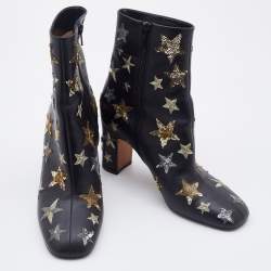 Pre Owned Valentino Black Leather Embroidered Sequin/Stars Ankle Length Boots Size 39