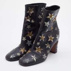Pre Owned Valentino Black Leather Embroidered Sequin/Stars Ankle Length Boots Size 39