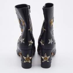 Pre Owned Valentino Black Leather Embroidered Sequin/Stars Ankle Length Boots Size 39