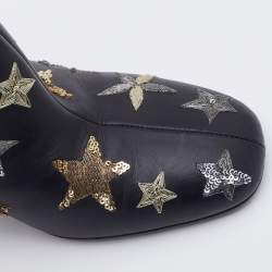 Pre Owned Valentino Black Leather Embroidered Sequin/Stars Ankle Length Boots Size 39