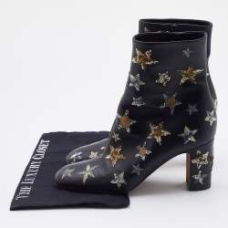 Pre Owned Valentino Black Leather Embroidered Sequin/Stars Ankle Length Boots Size 39