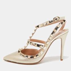 Pre Owned Valentino Gold Foil Leather Rockstud Strappy Pumps Size 36.5