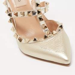 Pre Owned Valentino Gold Foil Leather Rockstud Strappy Pumps Size 36.5