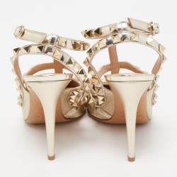 Pre Owned Valentino Gold Foil Leather Rockstud Strappy Pumps Size 36.5