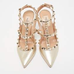 Pre Owned Valentino Gold Foil Leather Rockstud Strappy Pumps Size 36.5