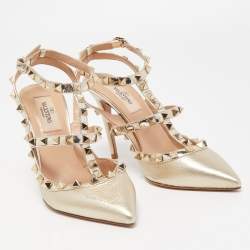 Pre Owned Valentino Gold Foil Leather Rockstud Strappy Pumps Size 36.5