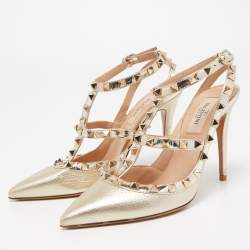 Pre Owned Valentino Gold Foil Leather Rockstud Strappy Pumps Size 36.5