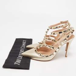 Pre Owned Valentino Gold Foil Leather Rockstud Strappy Pumps Size 36.5