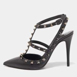 Pre Owned Valentino Black Leather Rockstud Strappy Pumps Size 37