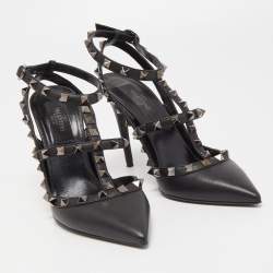 Pre Owned Valentino Black Leather Rockstud Strappy Pumps Size 37