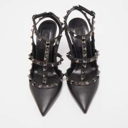 Pre Owned Valentino Black Leather Rockstud Strappy Pumps Size 37
